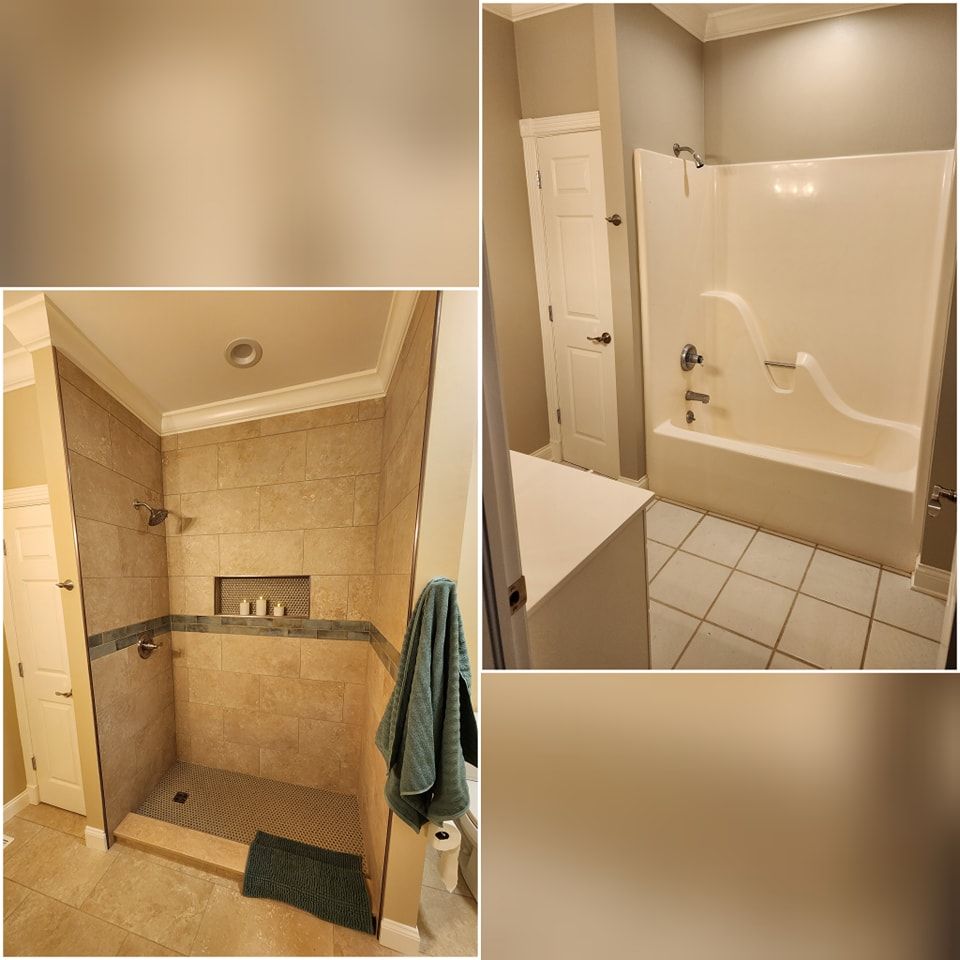 Collage of two bathrooms: one with a tile shower, the other with a white tub-shower combo.