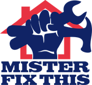 Blue hand holding wrench and hammer, red house outline. "Mister Fix This" logo.