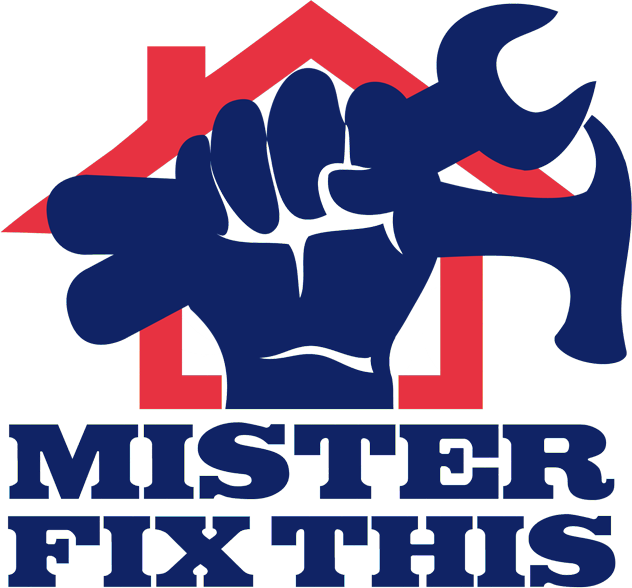 Blue hand holding wrench and hammer, red house outline. "Mister Fix This" logo.