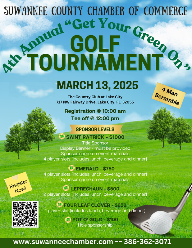 Golf tournament flyer for Suwannee County Chamber of Commerce. Includes date, location, and sponsor levels.