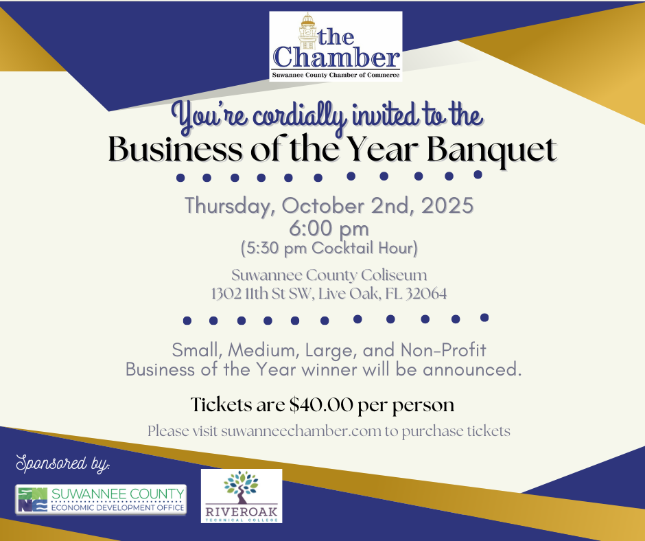Business of the Year Banquet invitation. October 2nd, 2025 at Suwannee County Coliseum. Tickets $40.00.