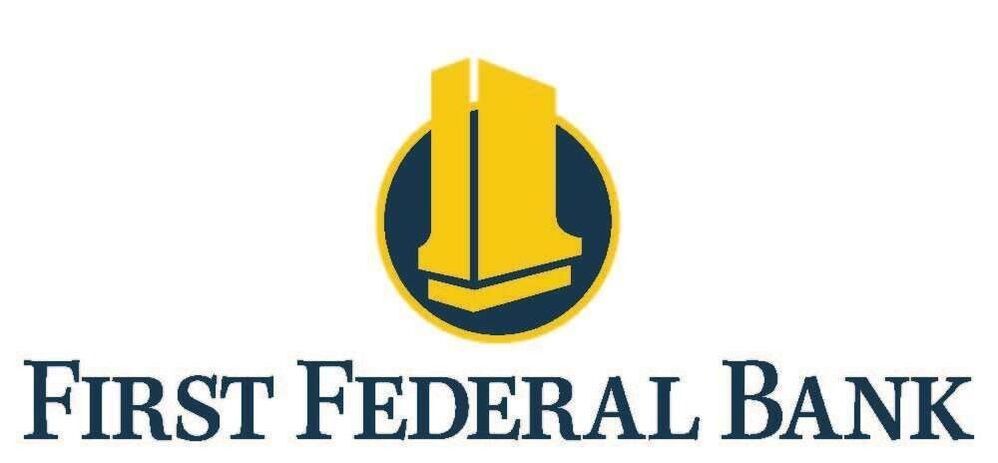 Logo of First Federal Bank: Gold building design inside dark blue circle; bank name below in blue text.