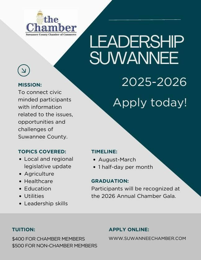 Leadership Suwannee 2025-2026 application flyer. Highlights topics, 