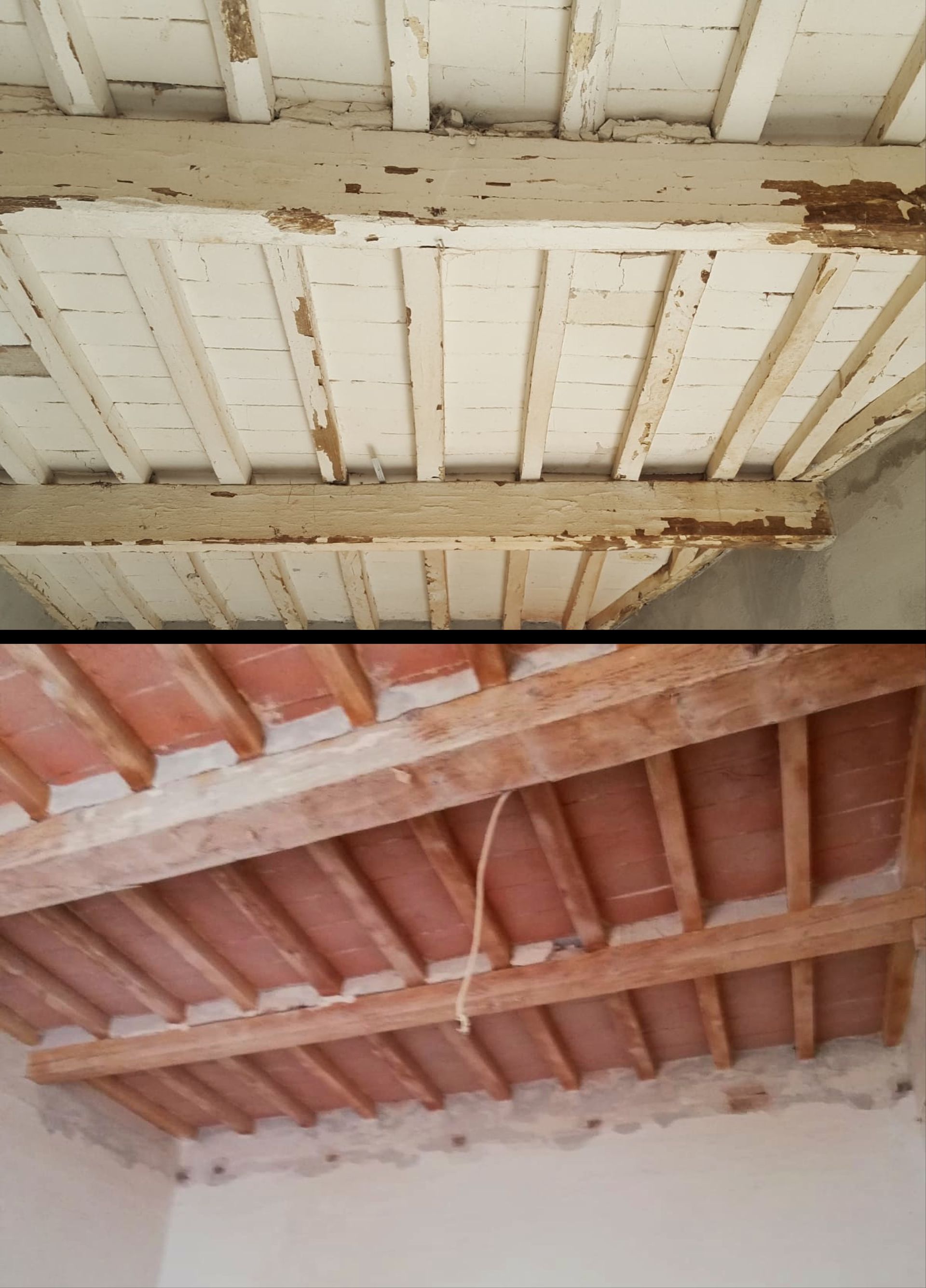 prima e dopo sabbiatura travi