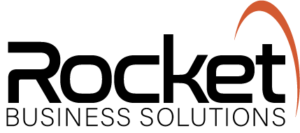 The logo for rocket business solutions is black and red.
