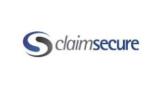 A blue and white logo for claimsecure on a white background.