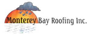 A logo for Monterey Bay Roofing with a sunset and a cloud