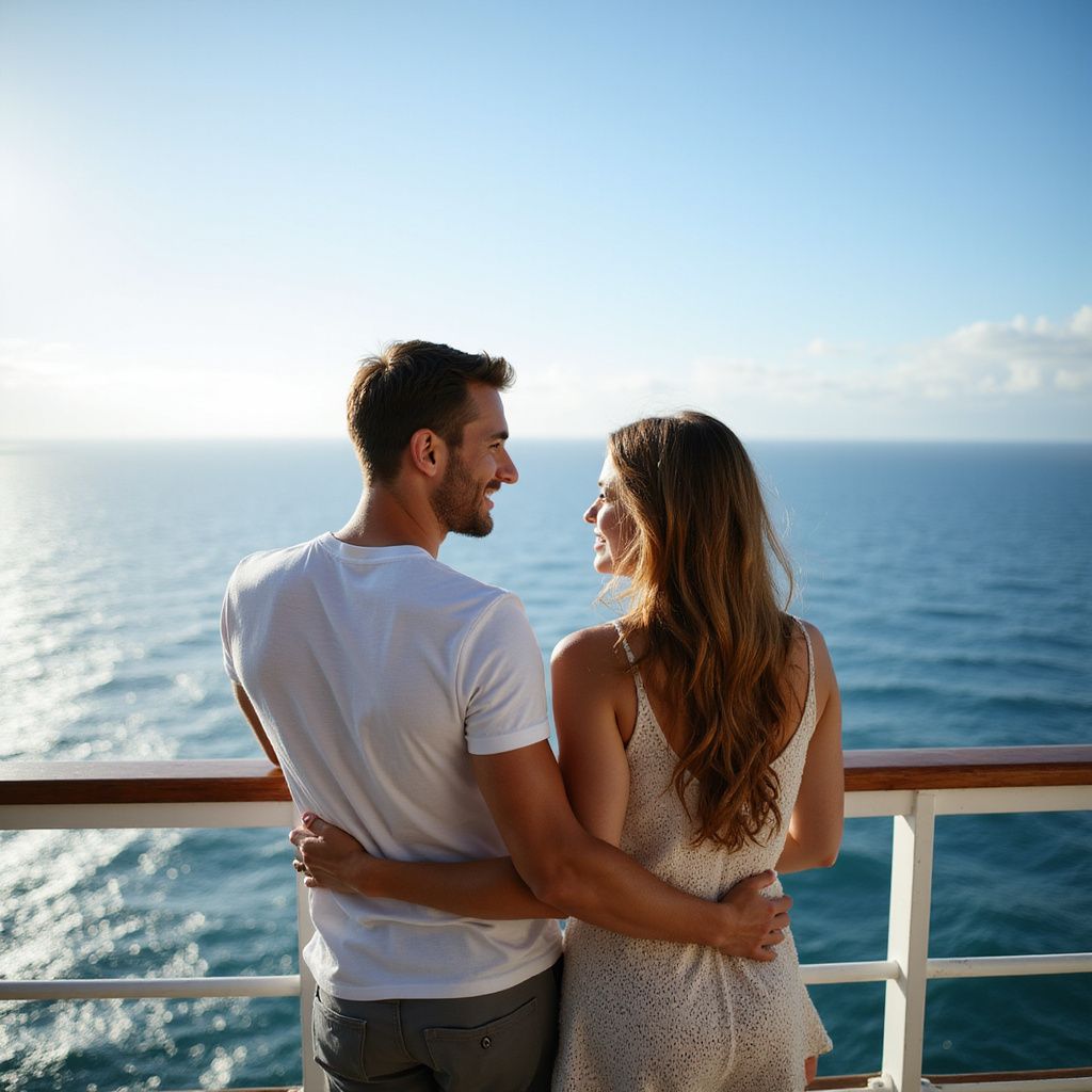 Couple embracing on a cruise ship deck, looking at each other, ocean and sky in background.