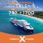 Celebrity Cruises semi-annual sale ad: cruise ship on blue water, text 