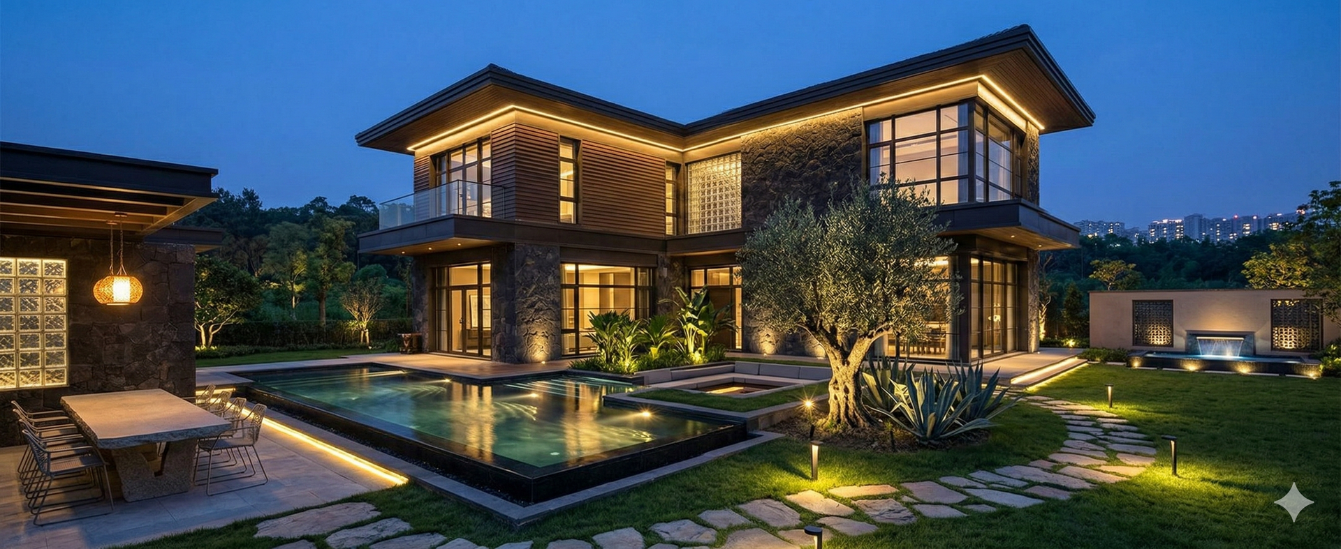 Lit-up modern home at dusk with pool, lush landscaping, and outdoor dining area.