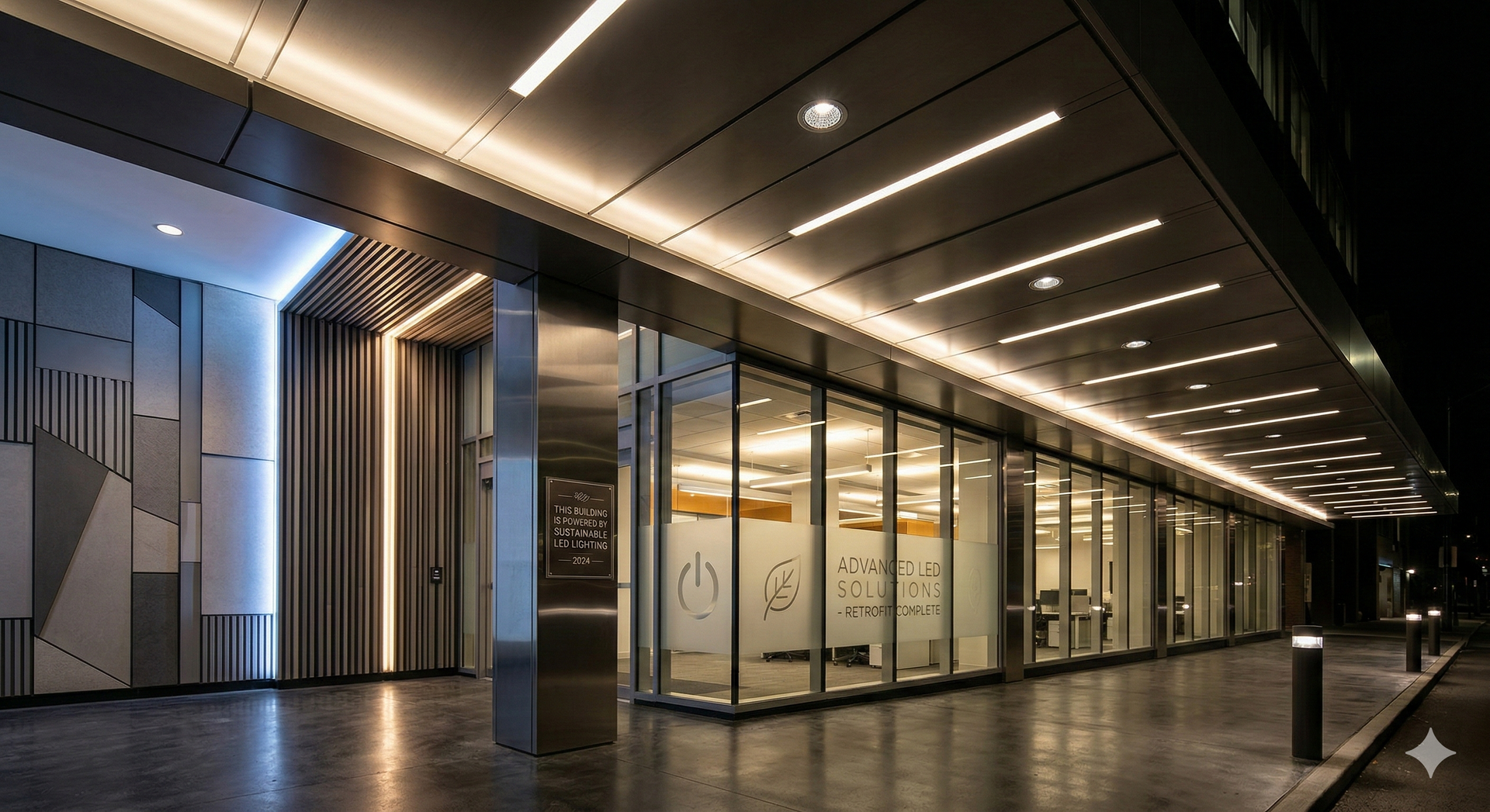 Modern building exterior with glass windows, gray facade, and bright lighting.