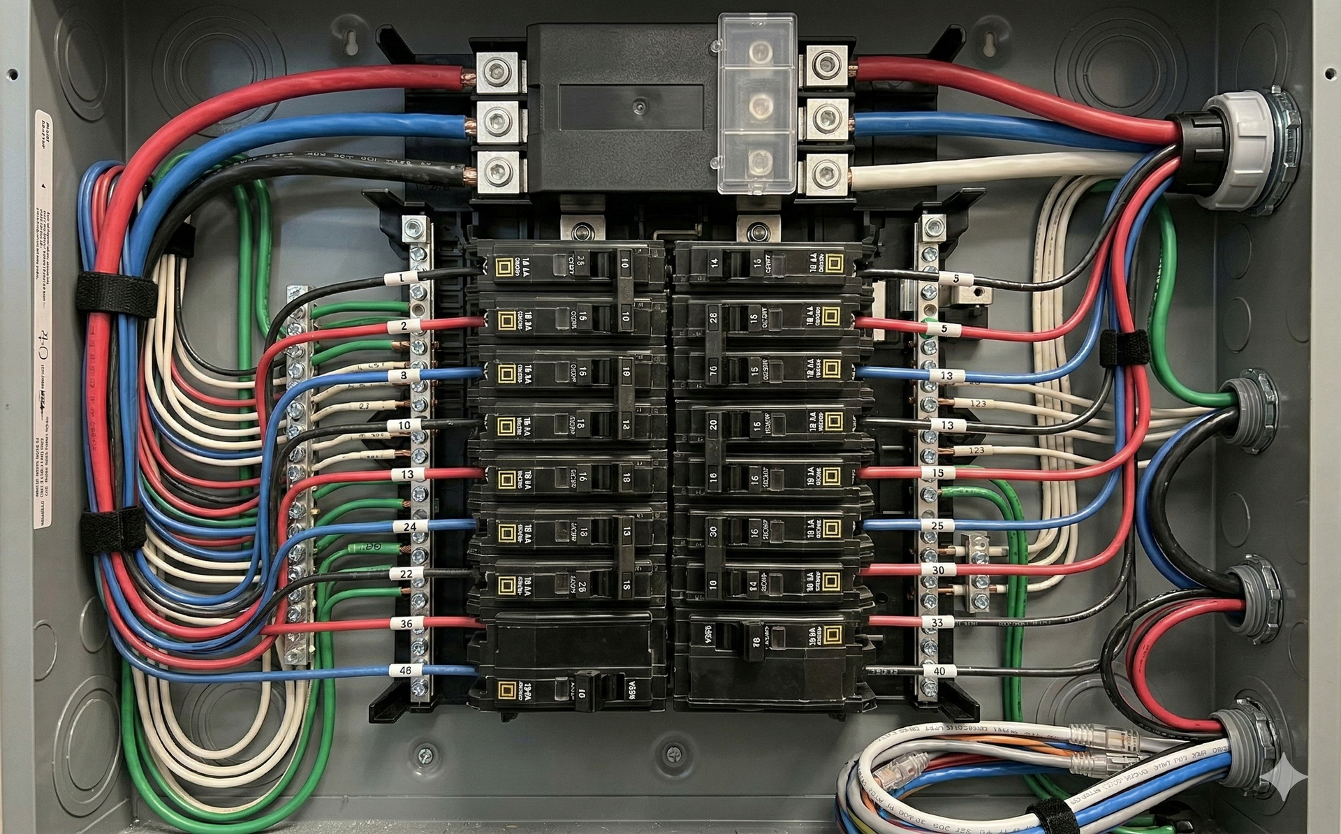 Electrical panel with various colored wires connected to circuit breakers.
