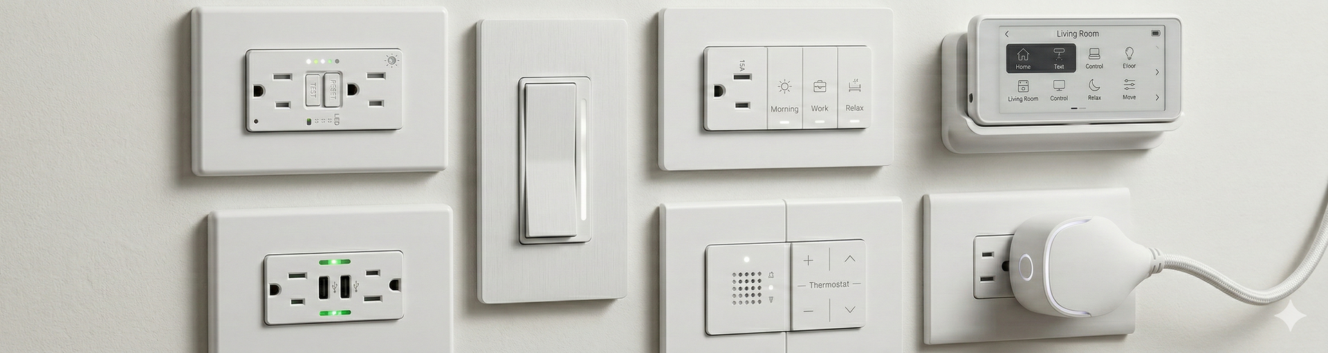 White electrical outlets and switches on a wall, with a plug inserted in one.
