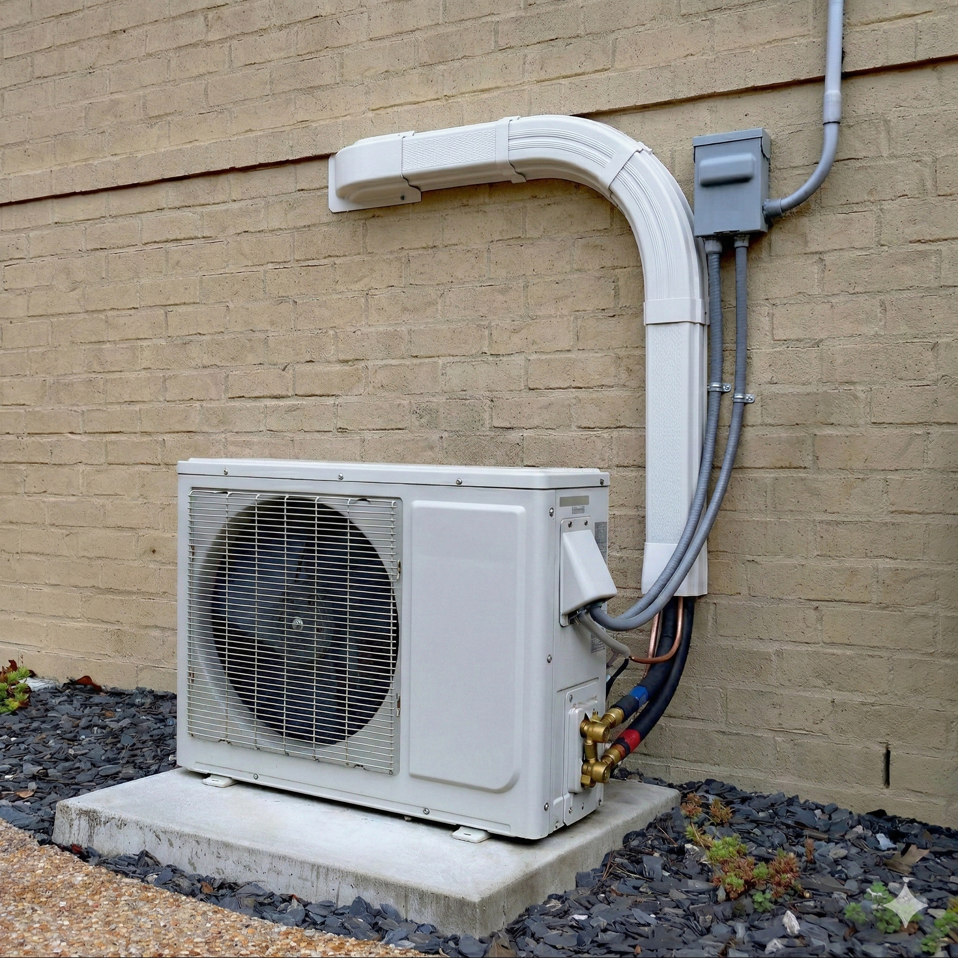 Exterior air conditioner unit against a tan brick wall with a protective conduit.