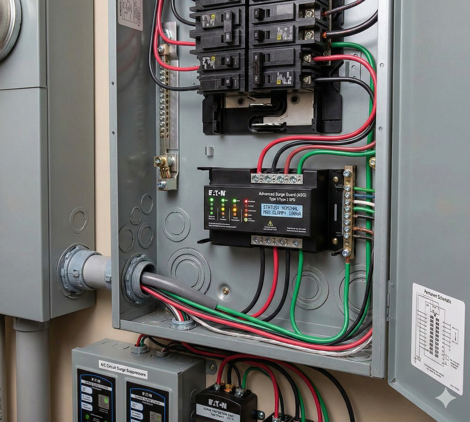 Electrical panel with wires and circuit breakers; a monitoring device is installed.