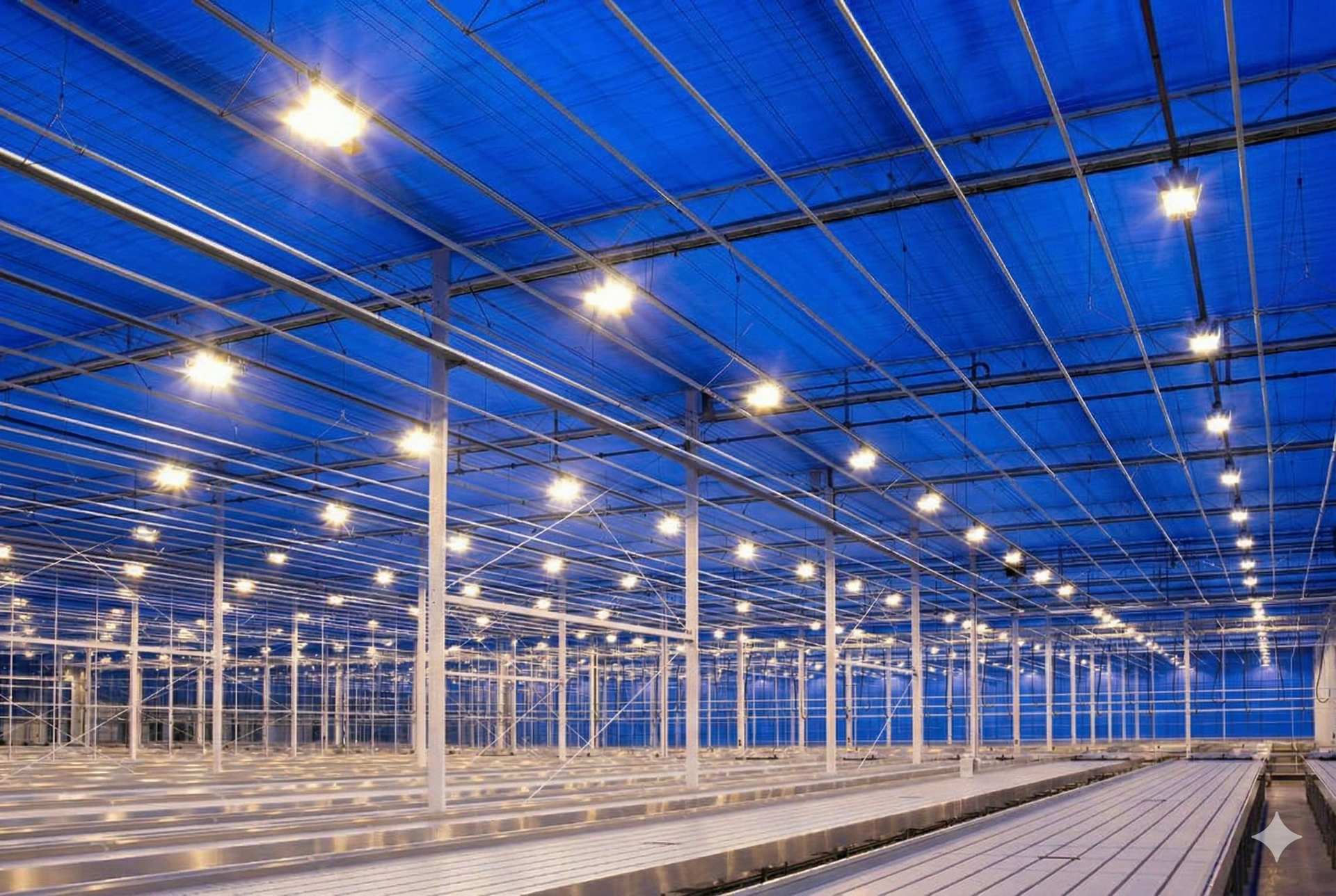 Interior of a large greenhouse with rows of plant beds, blue shading, and overhead lights.