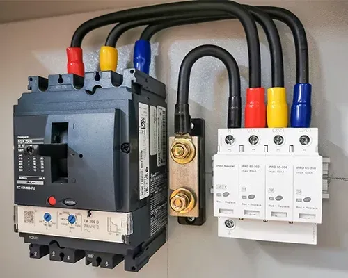 Electrical panel with circuit breaker, wires with colored terminations, and surge protectors.