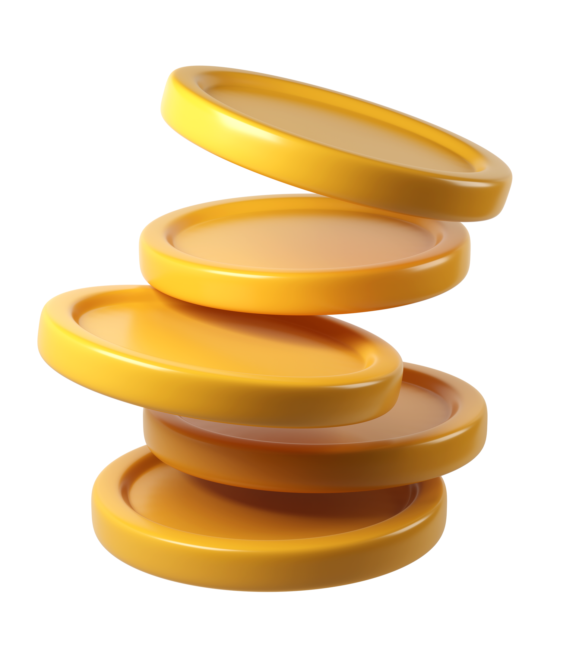 Stack of five gold coins, slightly angled, appearing to topple.