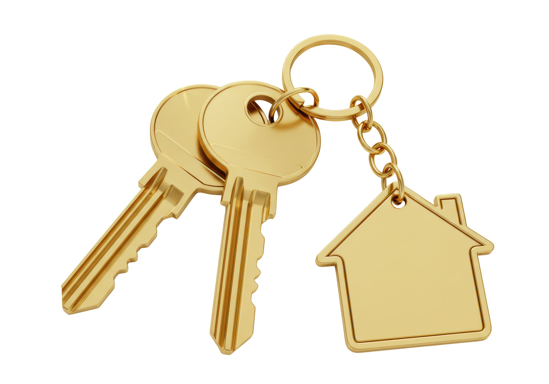 Gold keys with a house-shaped keychain on a white background. Gold keys with a house-shaped keychain on a white background.