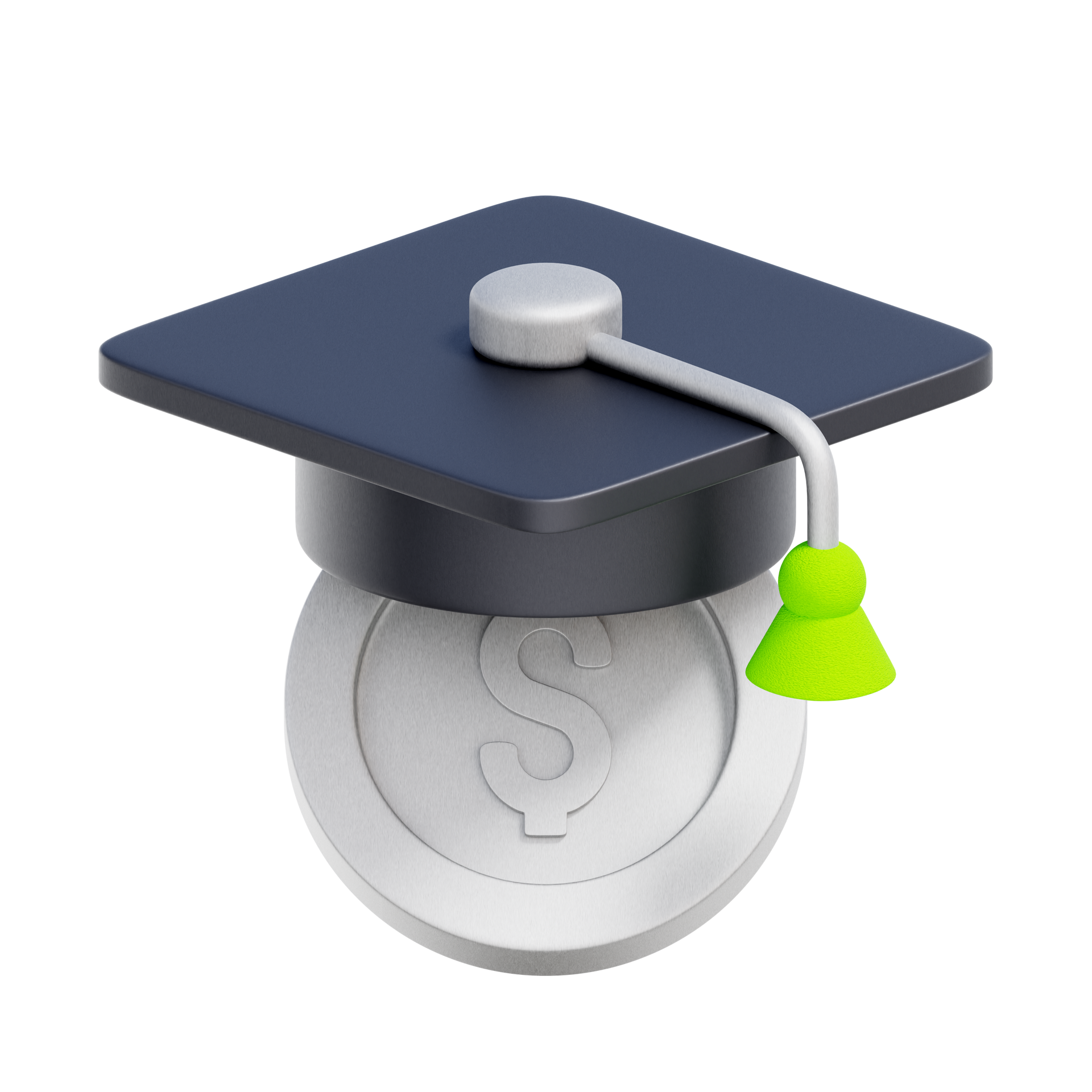 Mortarboard hat on a silver coin with a dollar sign. Green tassel. Mortarboard hat on a silver coin with a dollar sign. Green tassel.