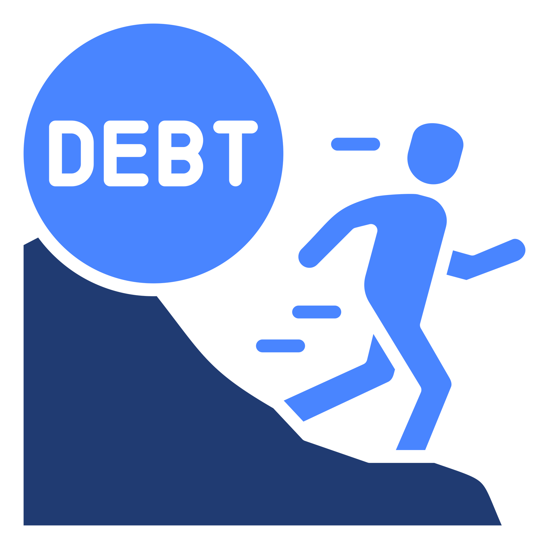 A person running away from a large blue ball labeled A person running away from a large blue ball labeled