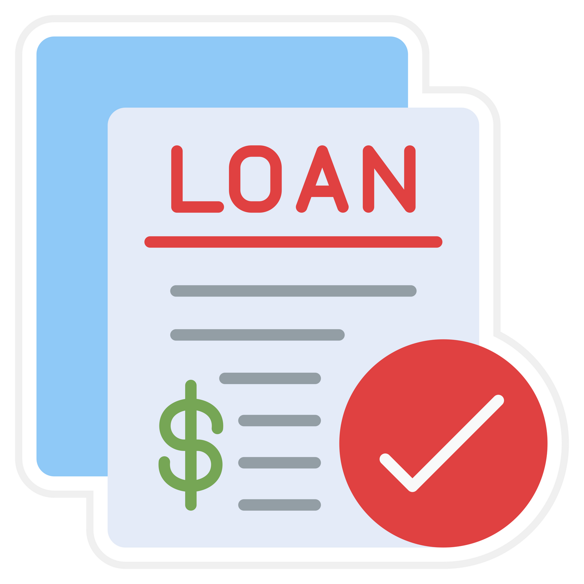 Loan document with checkmark, green dollar sign, red Loan document with checkmark, green dollar sign, red