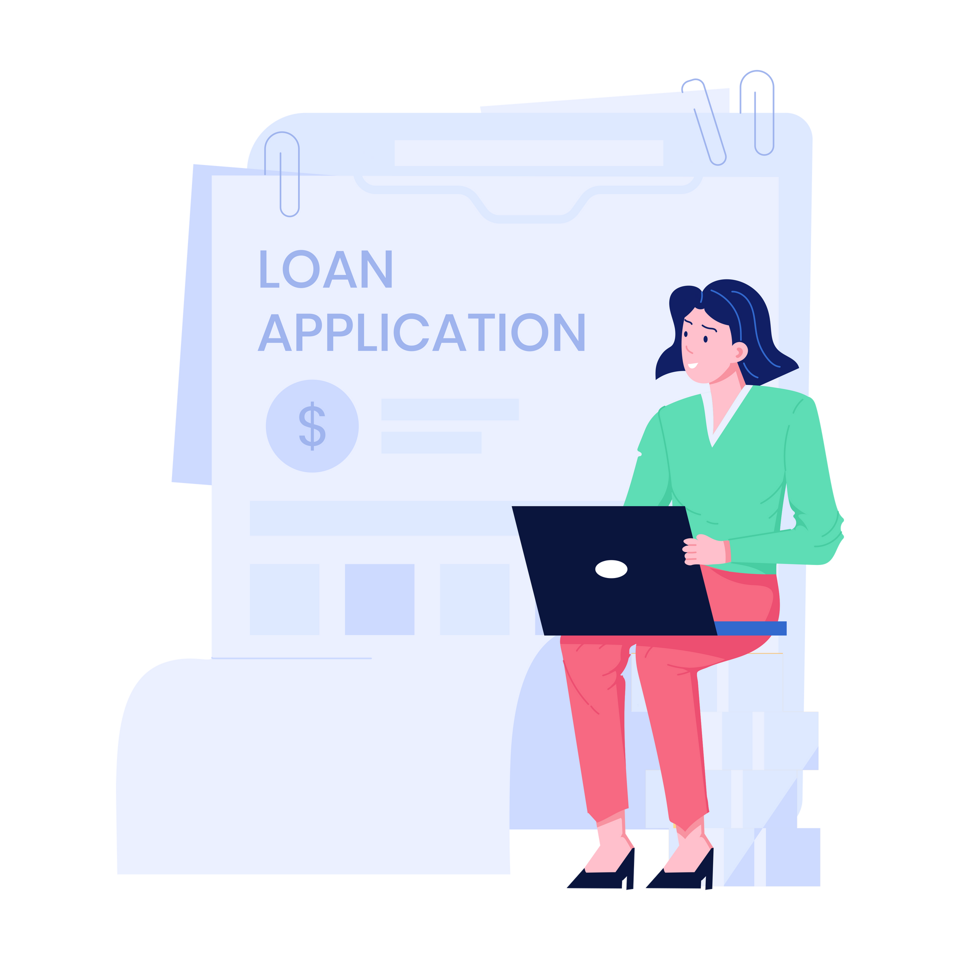 Woman using a laptop, filling out a loan application. The background has a light-blue paper attached with paper clips. Woman sitting with a laptop, looking at a loan application form.