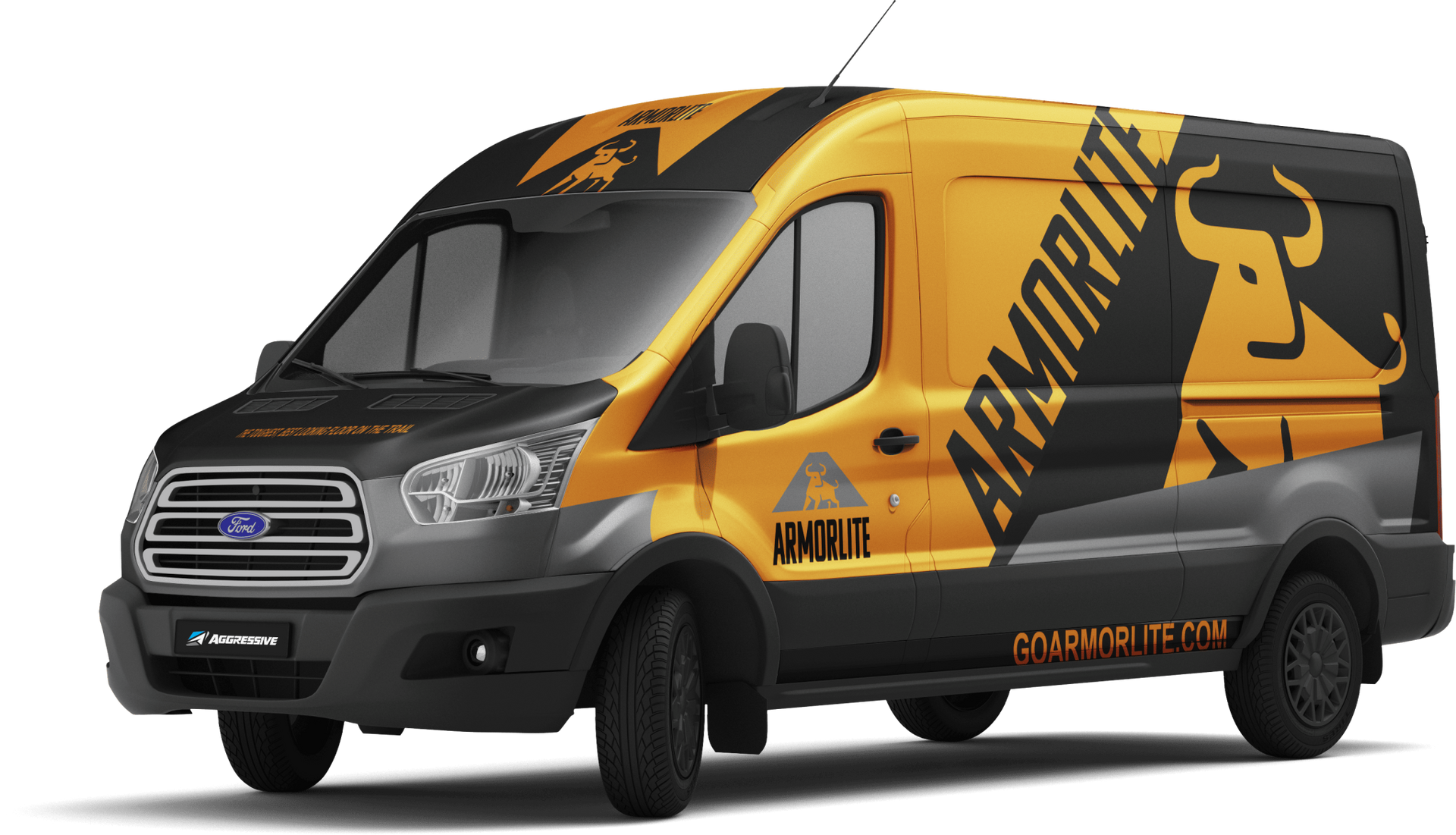 A yellow and black van with the word armorline on the side