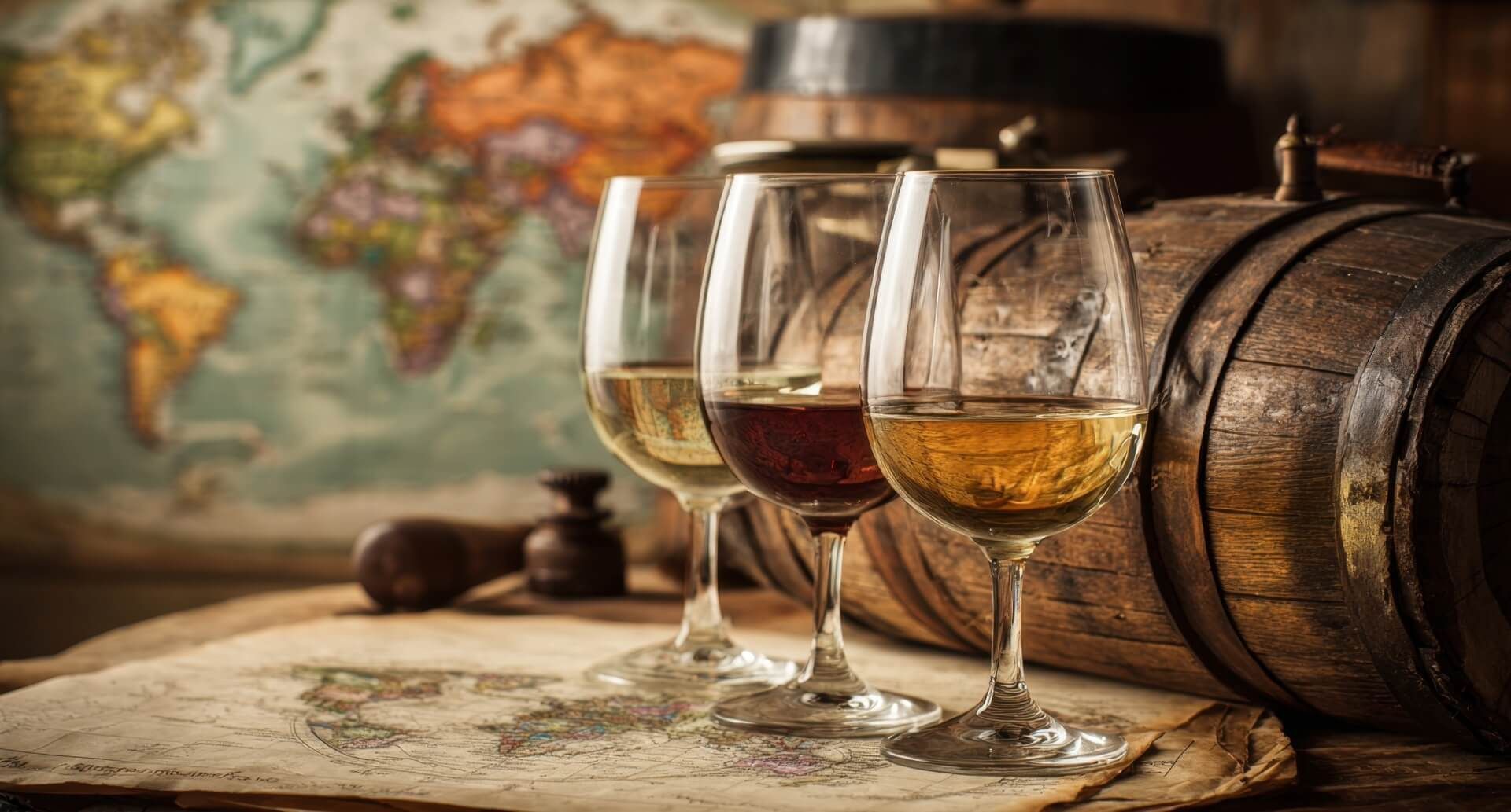 Wein Tirol, Weingeschichte, Weingläser, alte Weltkarte, altes Weinfass