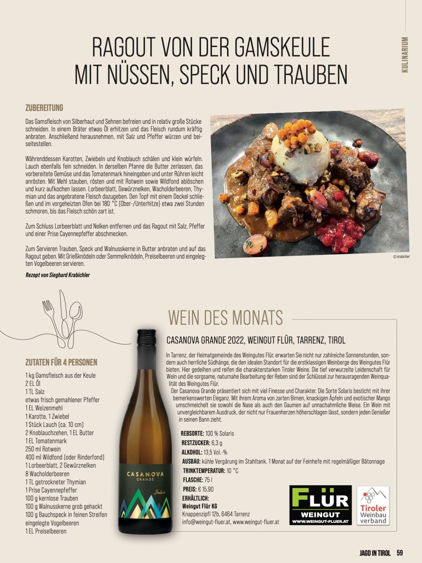 Wein Tirol Kulinarik CASANOVA GRANDE 2022 vom Weingut Flür aus Tarrenz, Tirol dazu Ragout von der Gamskeule