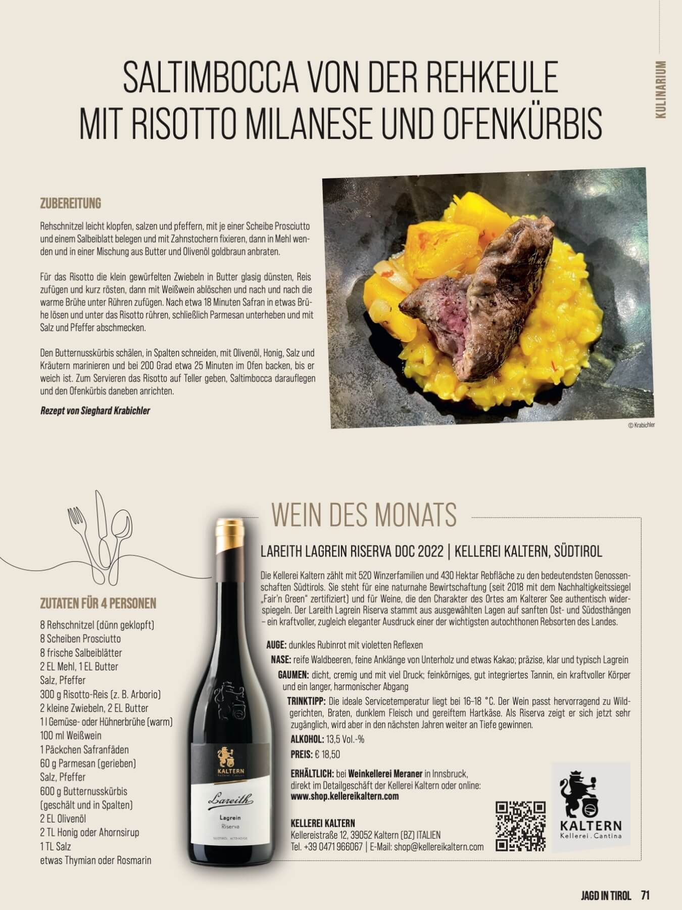 Wein Tirol Kulinarik Saltimbocca trifft Lareith Lagrein Riserva Kellerei Kaltern