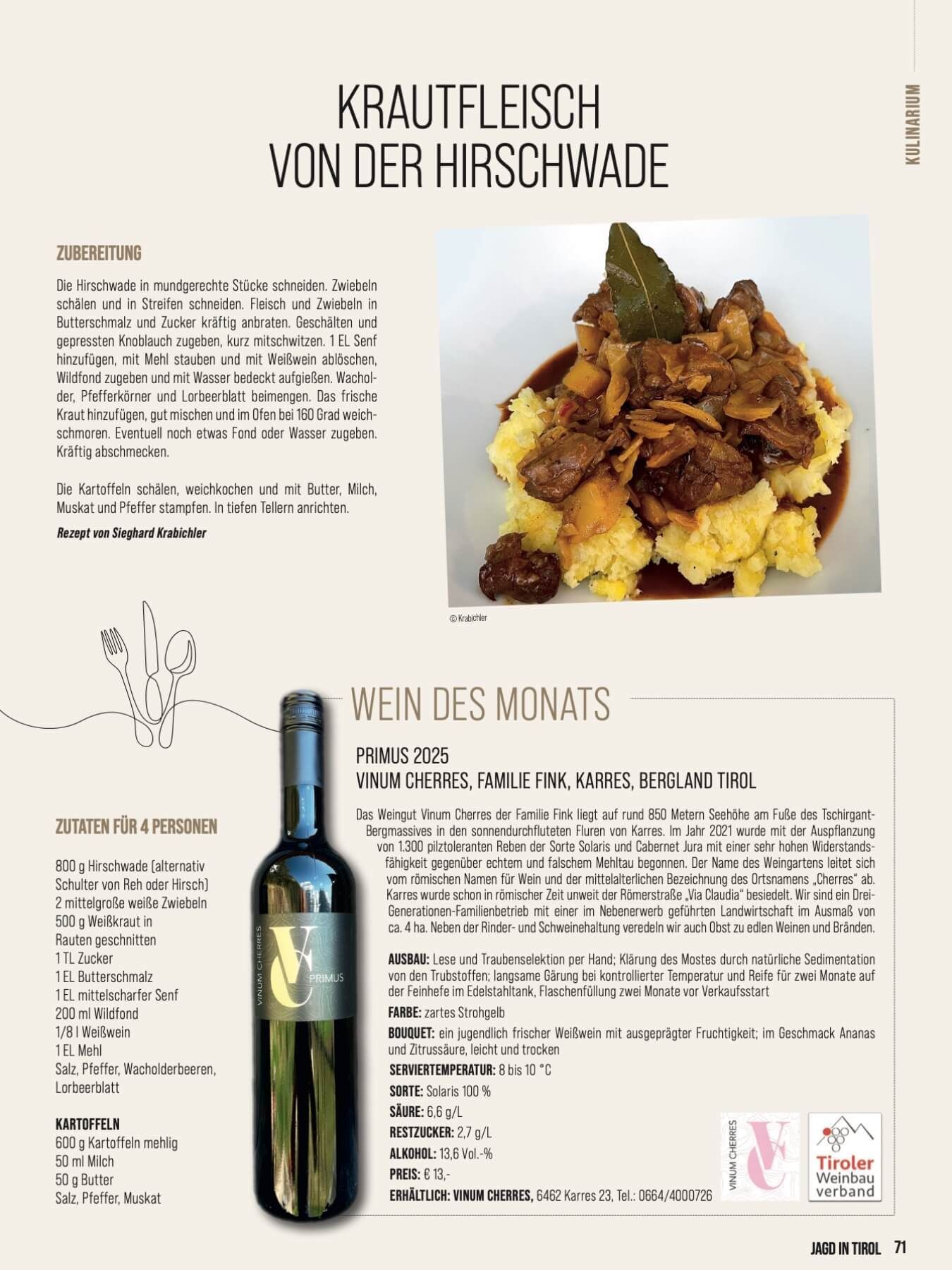 Wein Tirol Kulinarik PRIMUS 2025 vom VINUM CHERRES der Familie Fink aus Karres, Bergland Tirol dazu Krautfleisch von der Hirschwade