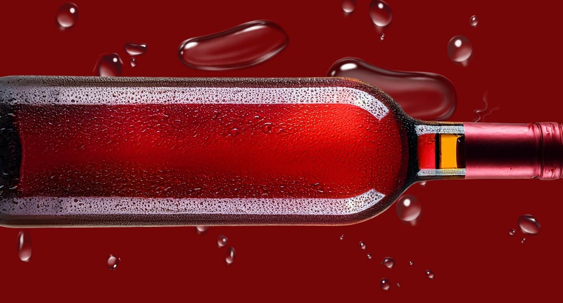 Eine gekühlte Flasche Rotwein mit Wassertropfen auf einer roten Oberfläche
