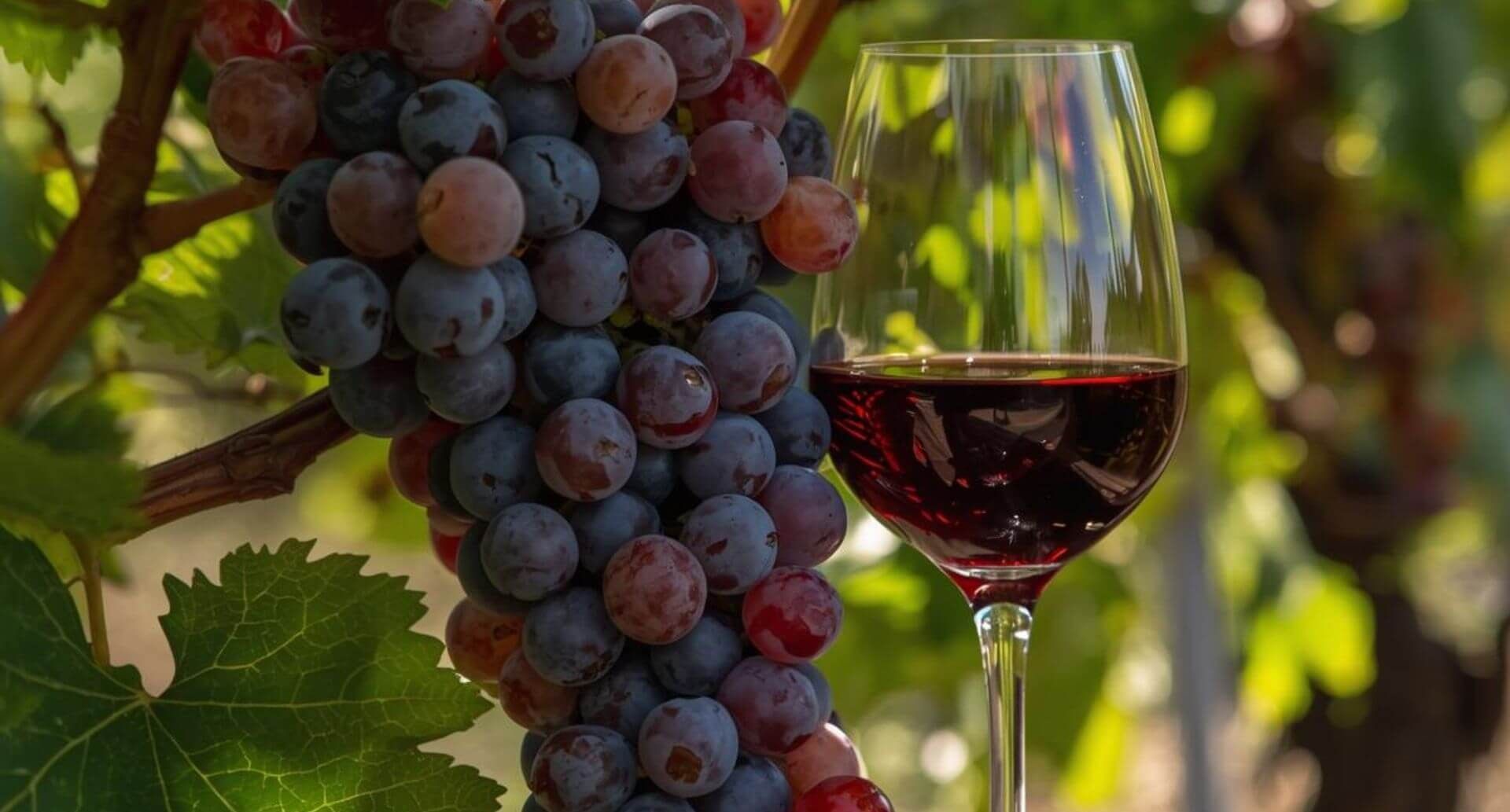 Vom Rebstock bis ins Glas: Die Kunst der Weinherstellung, Weinglas m Weingarten mit reifen Trauben