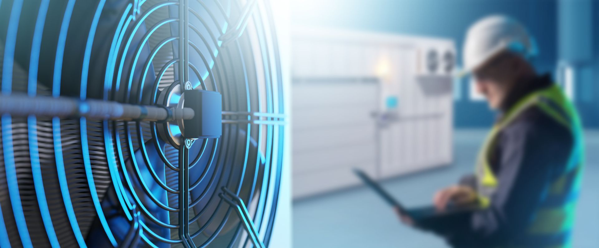 Close-up of an industrial cooling fan while a technician inspects HVAC equipment.