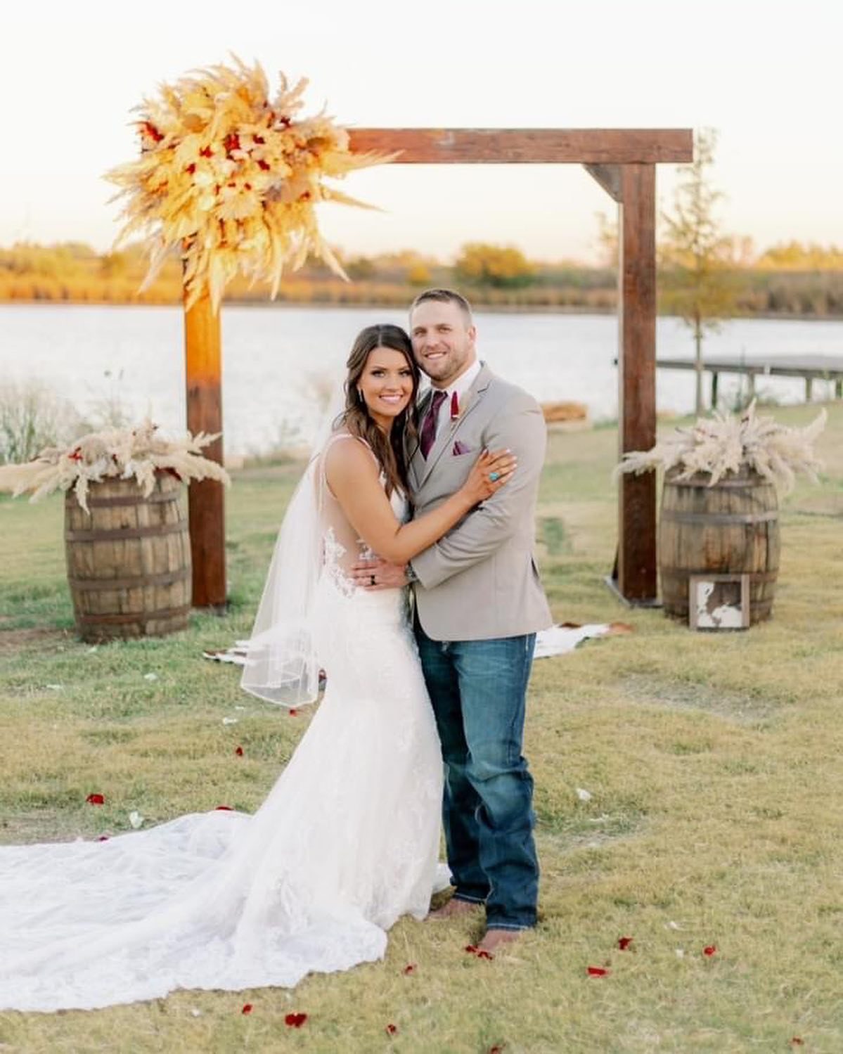 bride and groom smiling for photo