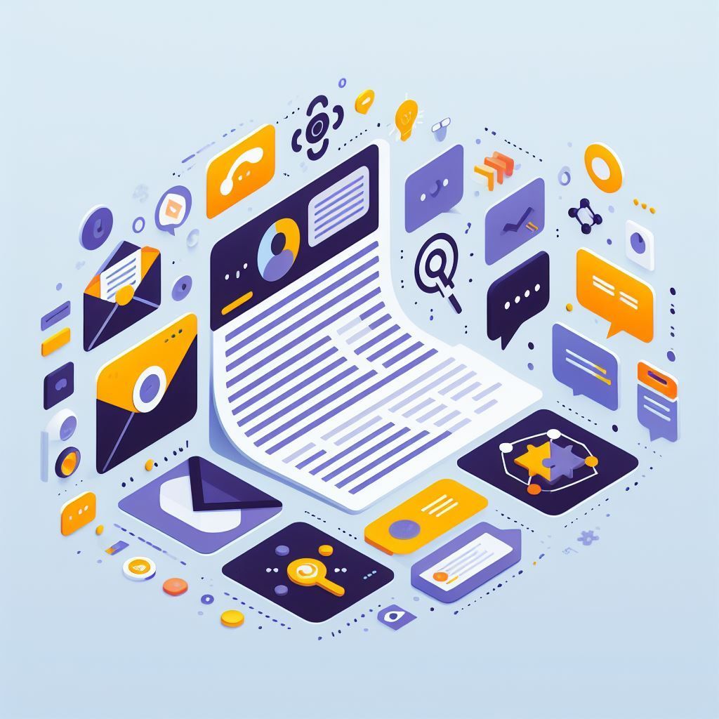 an isometric illustration of a laptop surrounded by icons for newsletter content