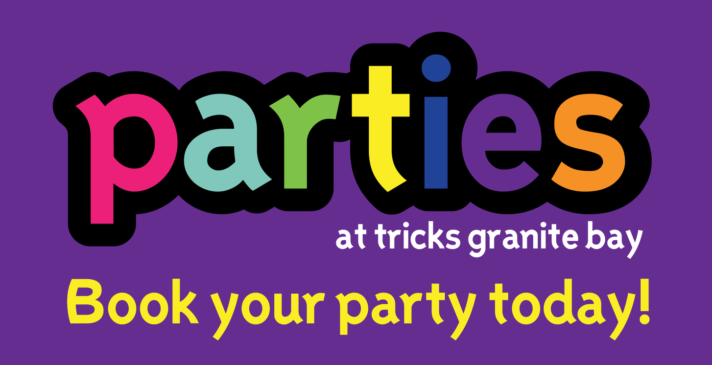 A colorful logo for parties at tricks granite bay