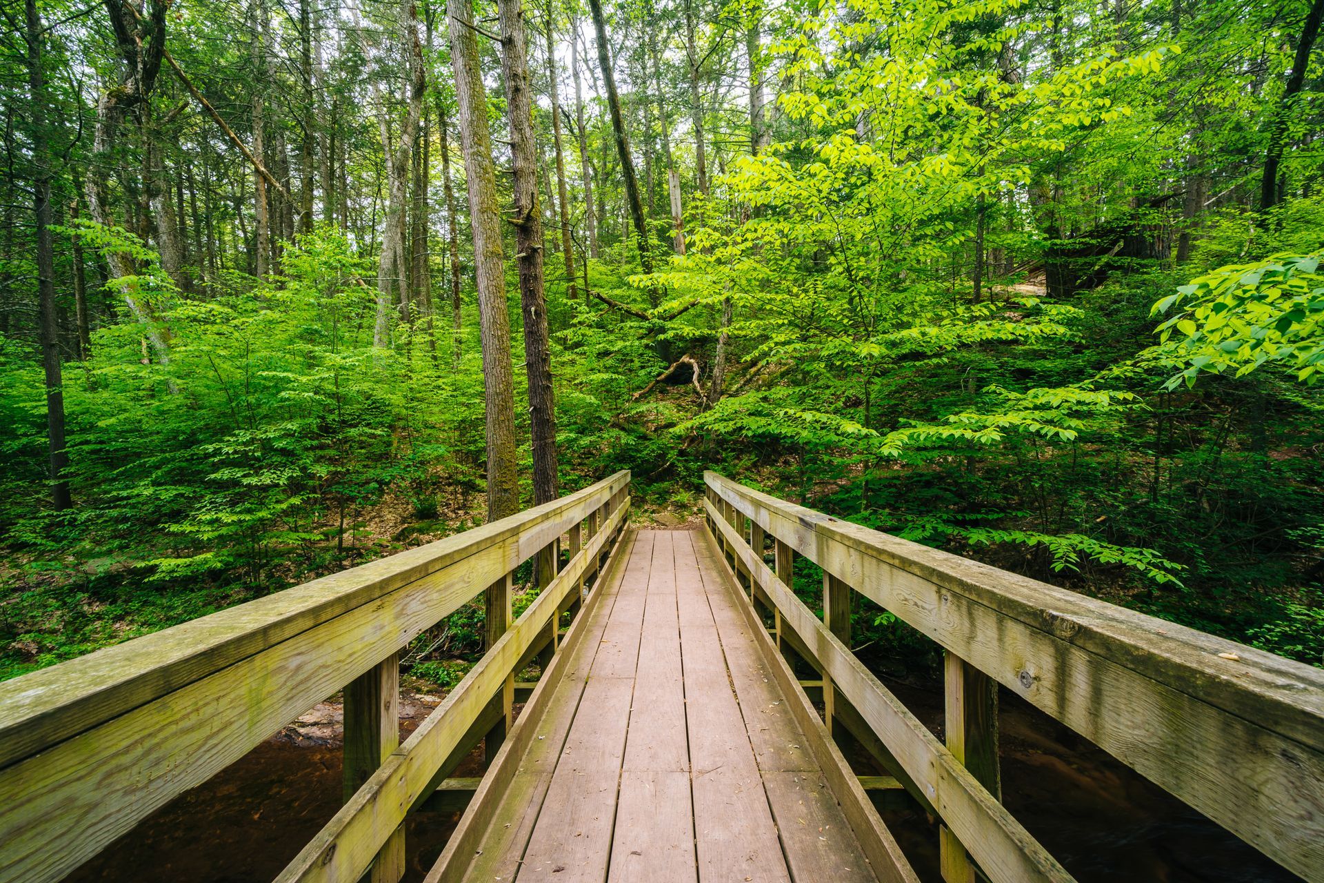 A wooden walkway leading to a gazebo overlooking a body of water at sunset.