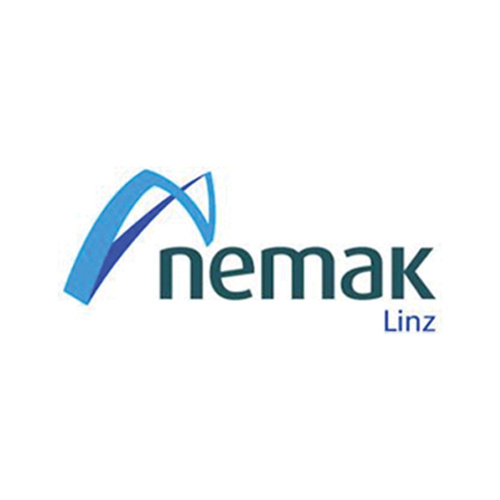 Un logotipo azul y negro de Nemak Linz sobre un fondo blanco.
