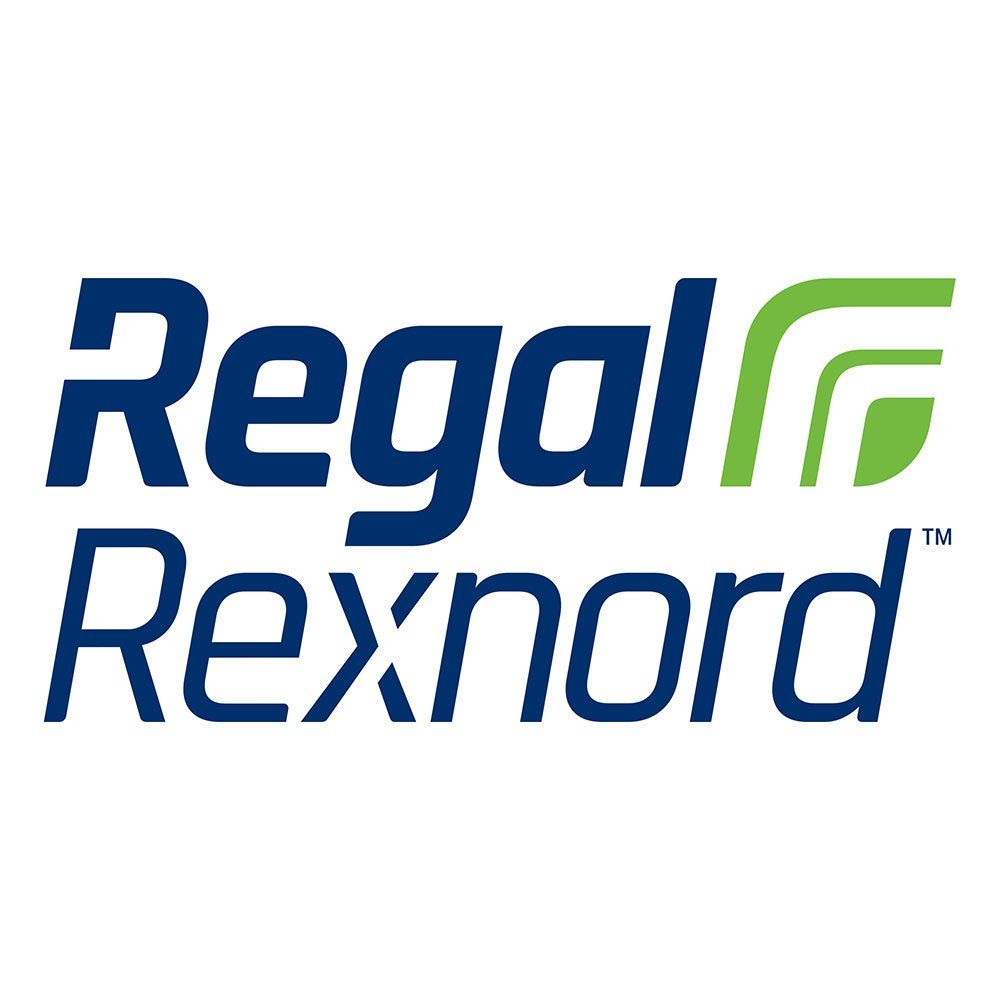El logotipo de Regal Rexnord es azul y verde sobre un fondo blanco.