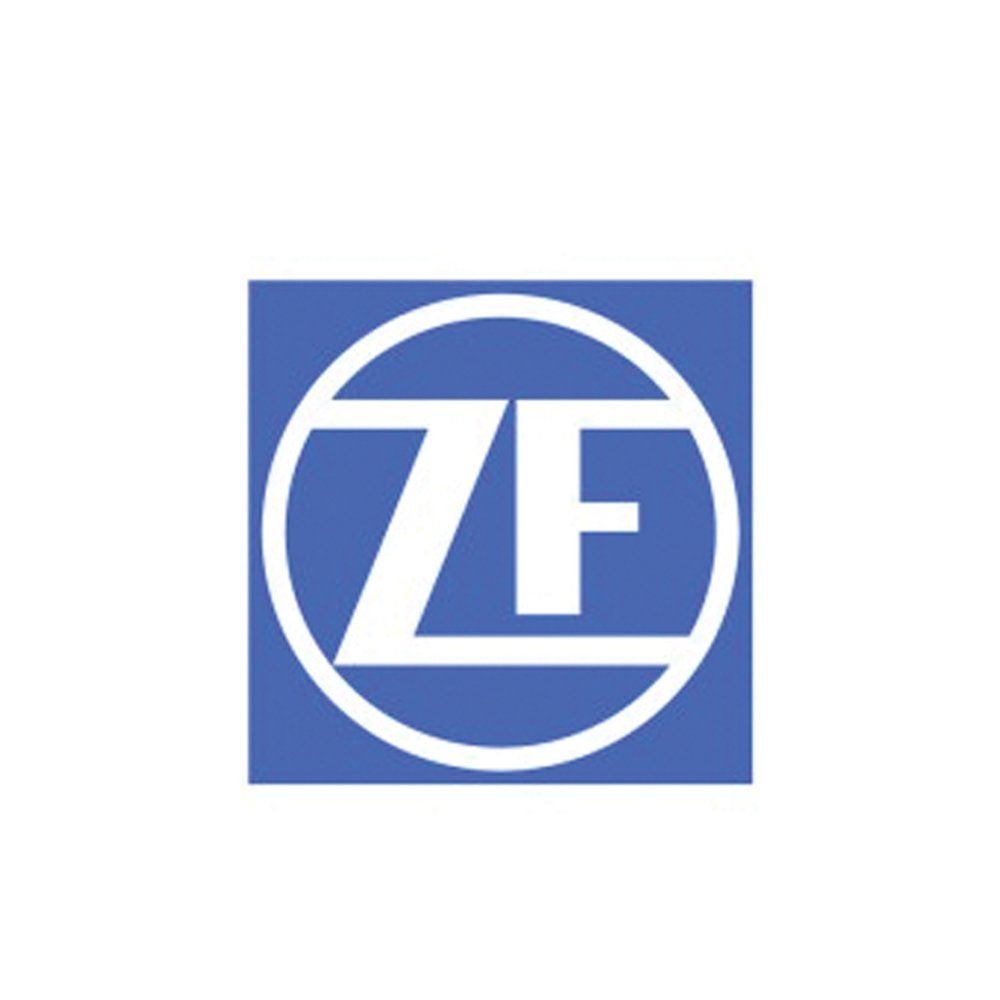 El logotipo de ZF está en un cuadrado azul sobre un fondo blanco.