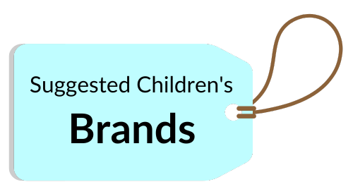 A blue tag with the words `` suggested children 's brands '' on it.