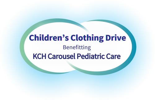 A logo for a children 's clothing drive benefiting kch carousel pediatric care.