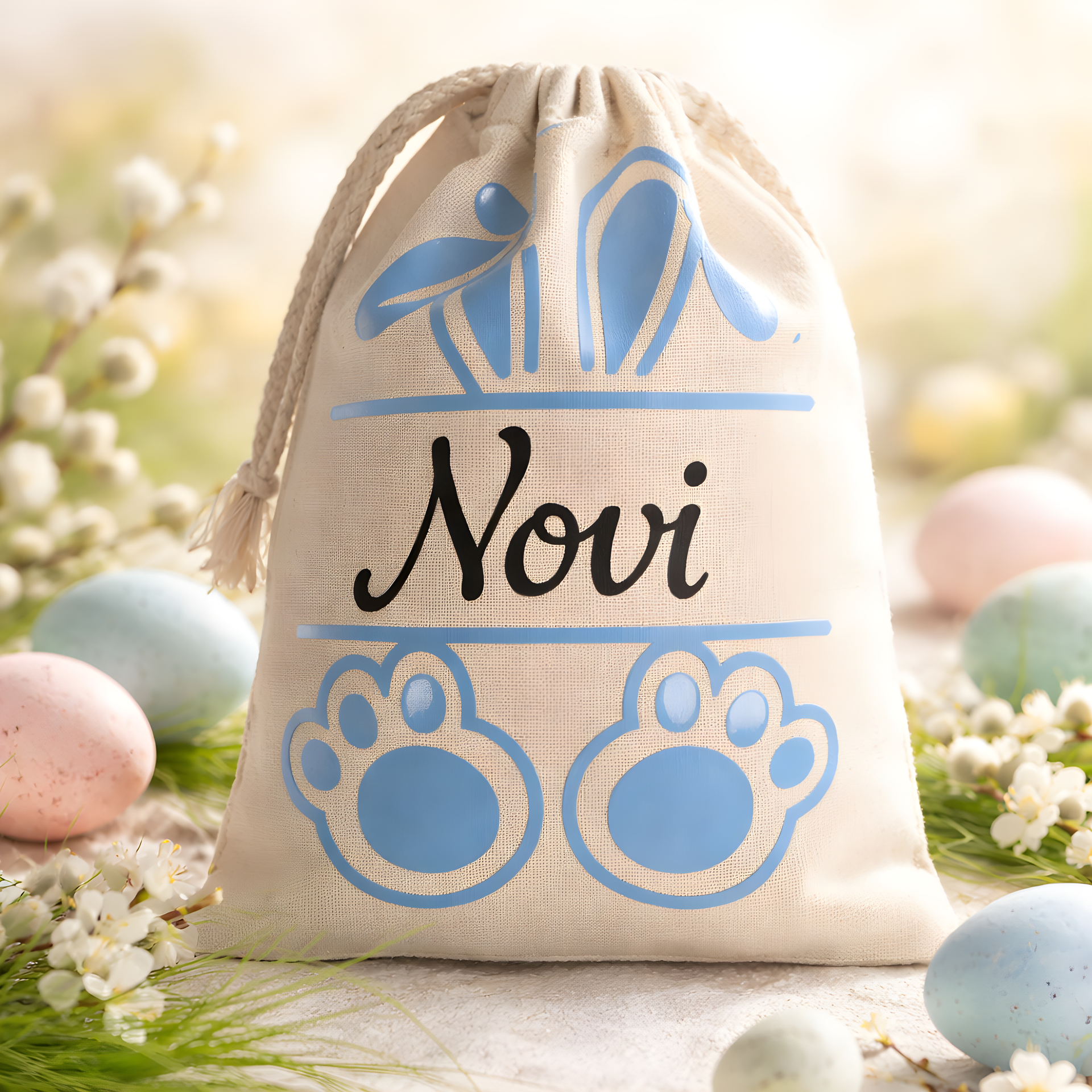 Een beige paastasje met trekkoord, versierd met blauwe konijnenoortjes en -pootjes en de naam 