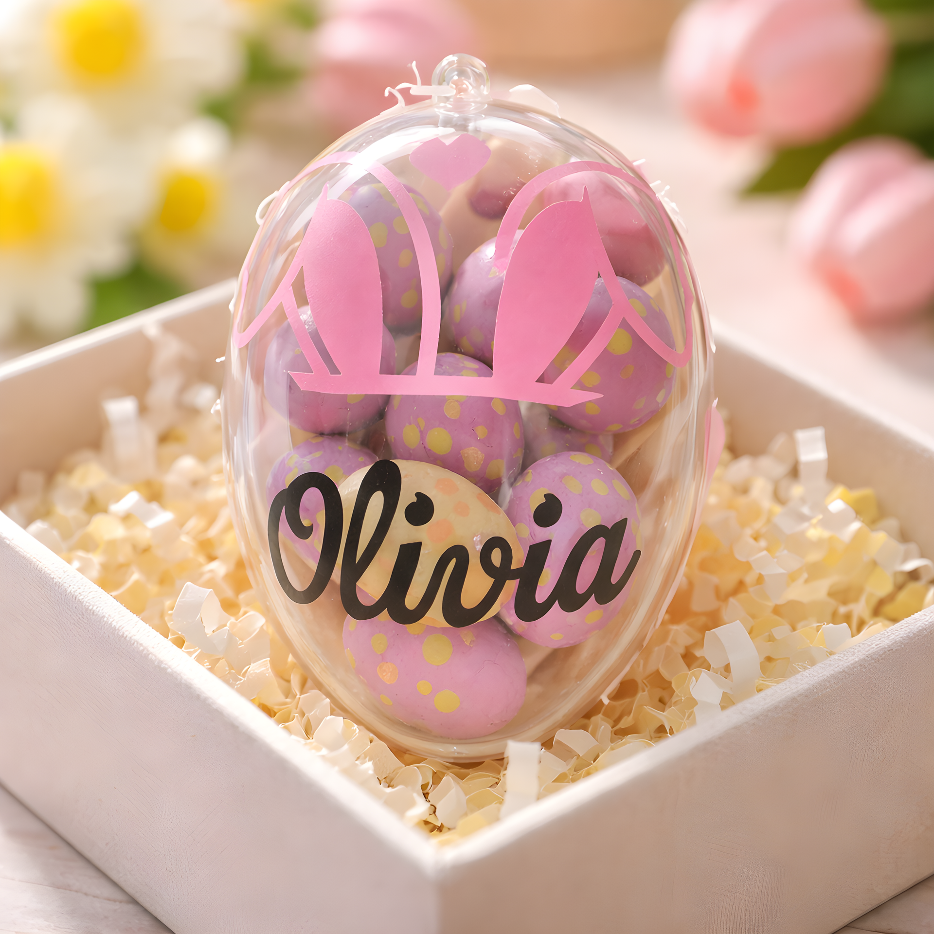 Een transparant, eivormig ornament, gepersonaliseerd met 