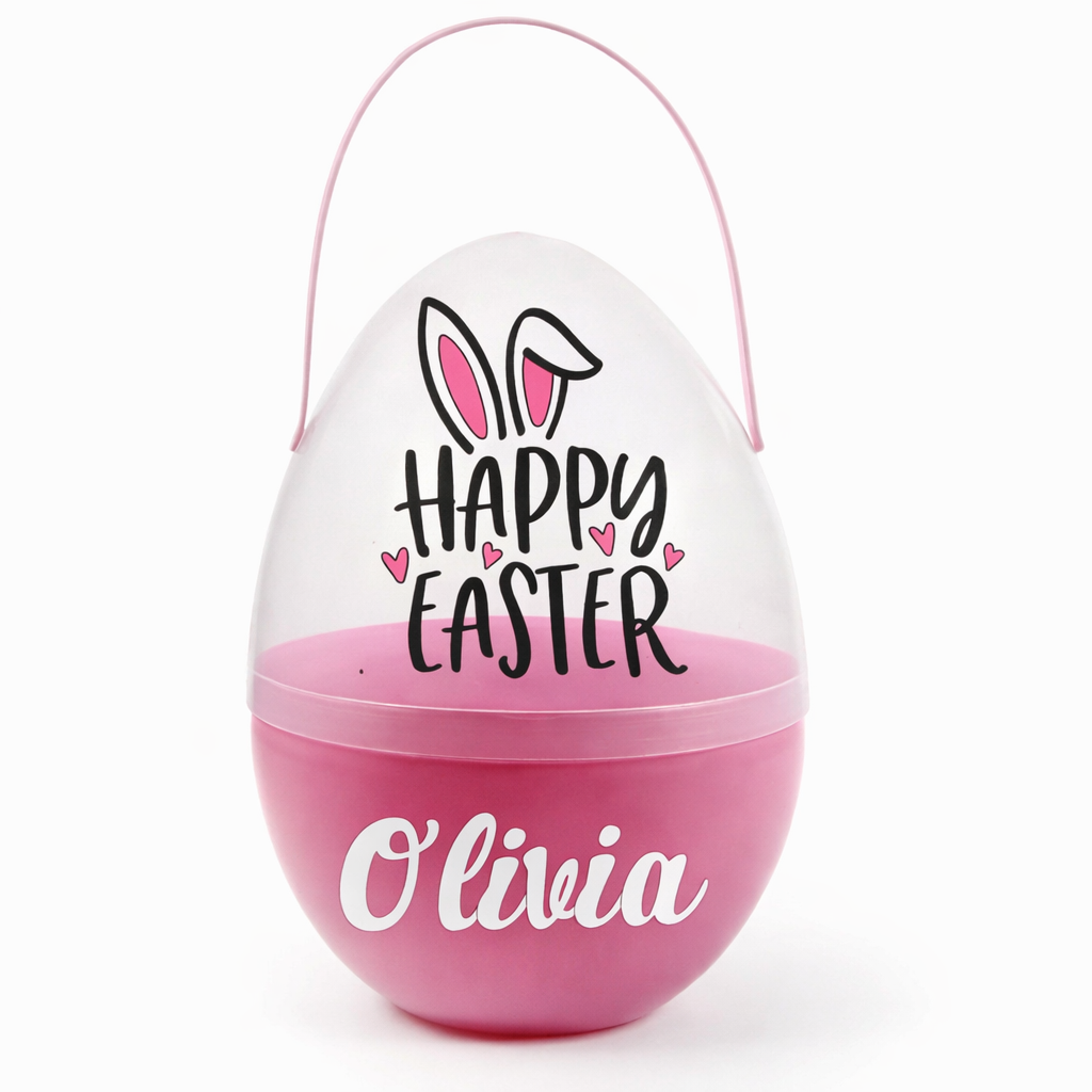 Een roze en transparante paaseierdoos met handvat, waarop 