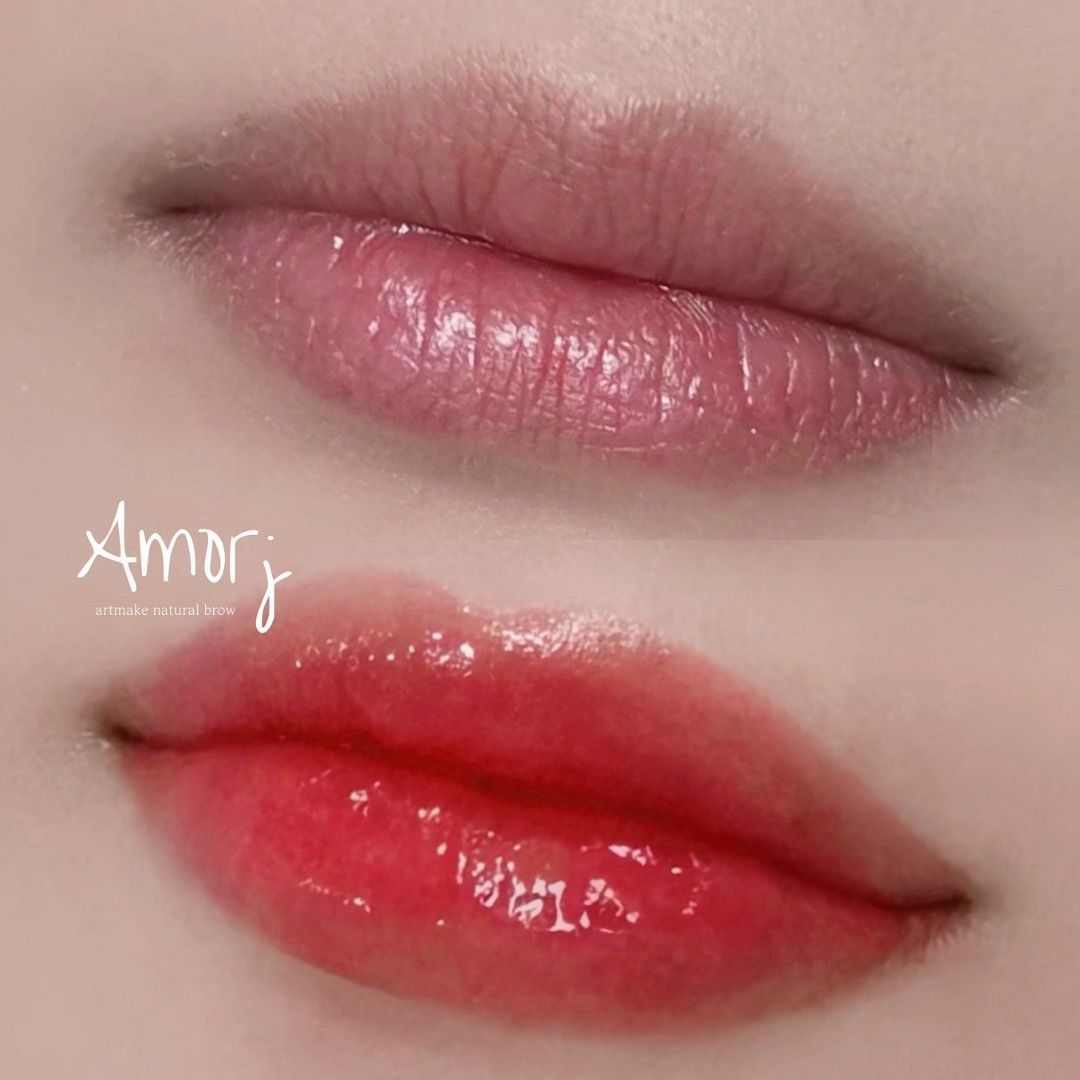 Two sets of glossy lips. Top: light pink. Bottom: bright coral-red.