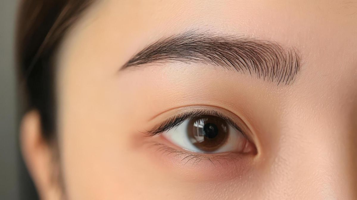 Close-up of an eye with a dark brown iris and a carefully groomed eyebrow.