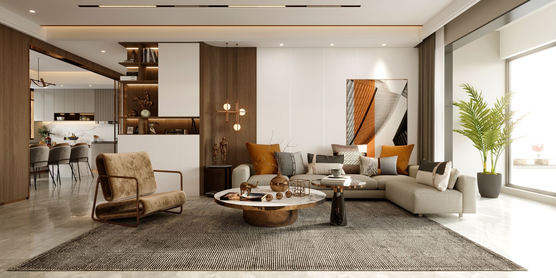 Modern living room with beige sectional, armchair, patterned rug, coffee table, and large window light